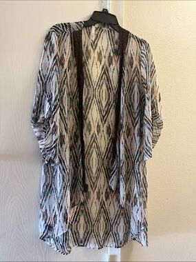 Bellatrix Sheer Printed Open Front Kimono - Black, White & Rust